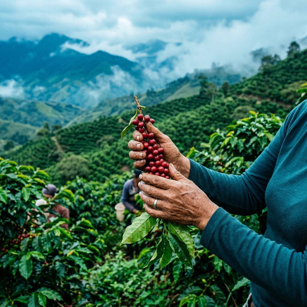 Freshly harvested coffee cherries on a farm in Colombia's coffee region