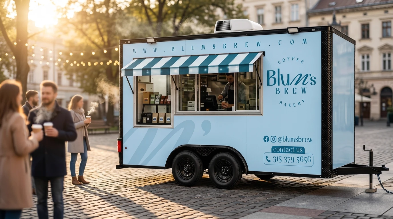 Tráiler de Blum's Brew en una plaza al amanecer